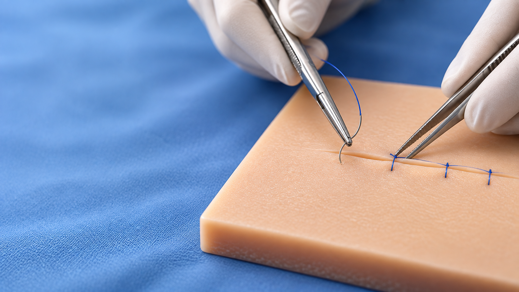 Close-up of suturing practice on a synthetic skin pad