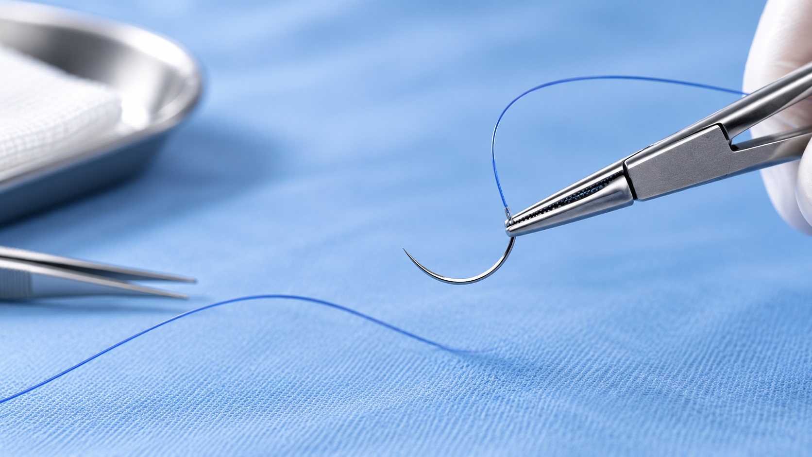 Gloved hand holding a needle holder against a deep blue background